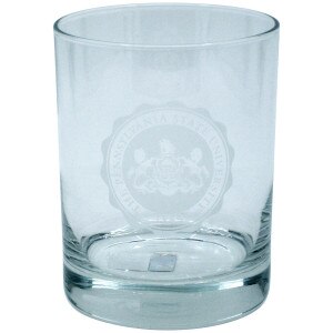 rocks glass with etched Pennsylvania State University Seal